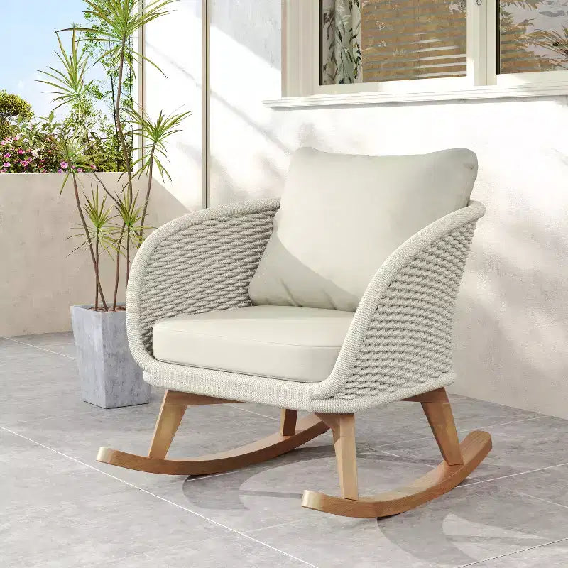 29.5-inch Contemporary Wicker Rocking Chair with Polyester Cushions, Wooden Frame, Generous Seat, Smooth Rocking Motion for Indoor or Outdoor