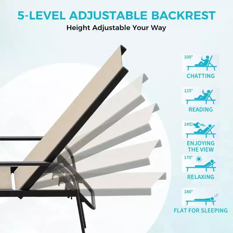 Lot de 2 Chaises Longues de Jardin, Chaises Inclinables Réglables sur 5 Positions avec Tissu Textilène, Transats de Piscine pour Jardin et Balcon