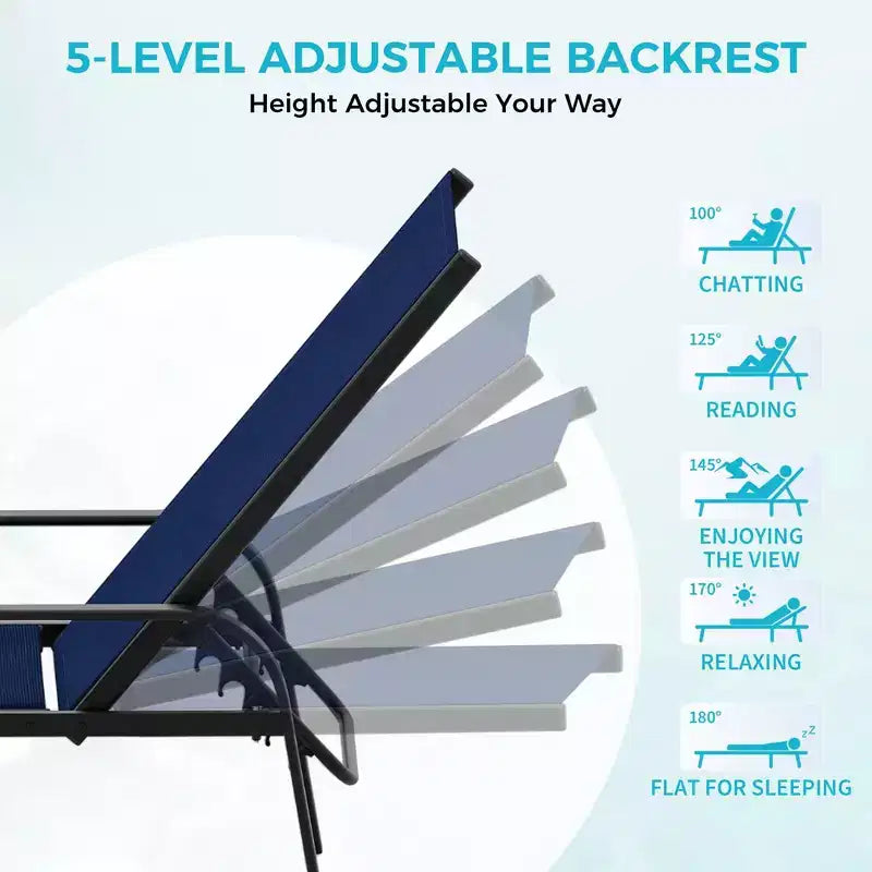 Lot de 2 Chaises Longues de Jardin, Chaises Inclinables Réglables sur 5 Positions avec Tissu Textilène, Transats de Piscine pour Jardin et Balcon