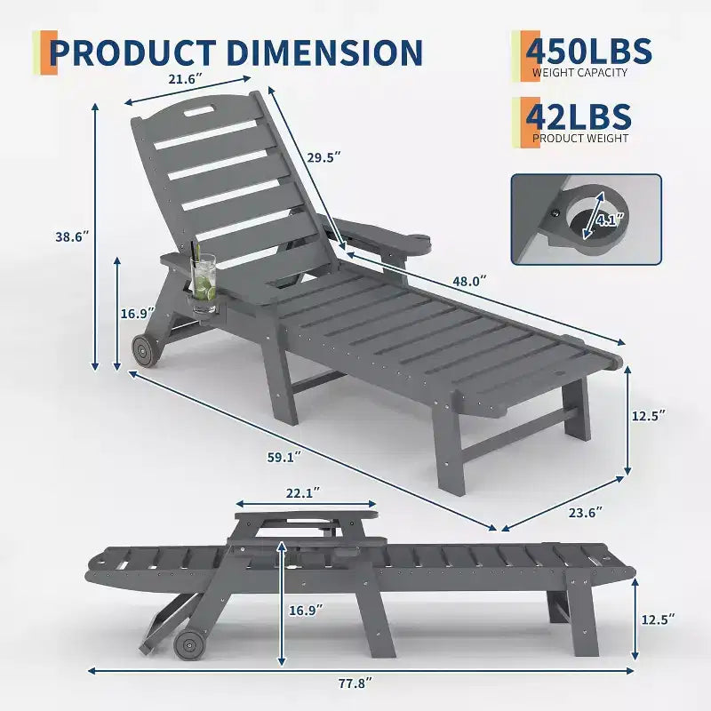 Chaise longue d'extérieur, Chaise longue d'extérieur avec roulettes, Dossier réglable sur 5 positions, Chaise longue en PEHD résistante aux intempéries avec porte-gobelet