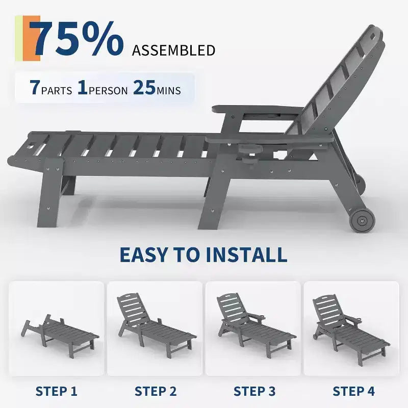 Chaise longue d'extérieur, Chaise longue d'extérieur avec roulettes, Dossier réglable sur 5 positions, Chaise longue en PEHD résistante aux intempéries avec porte-gobelet