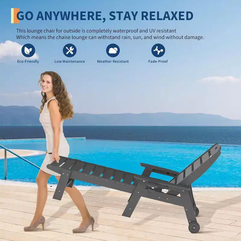 Chaise longue d'extérieur, Chaise longue d'extérieur avec roulettes, Dossier réglable sur 5 positions, Chaise longue en PEHD résistante aux intempéries avec porte-gobelet