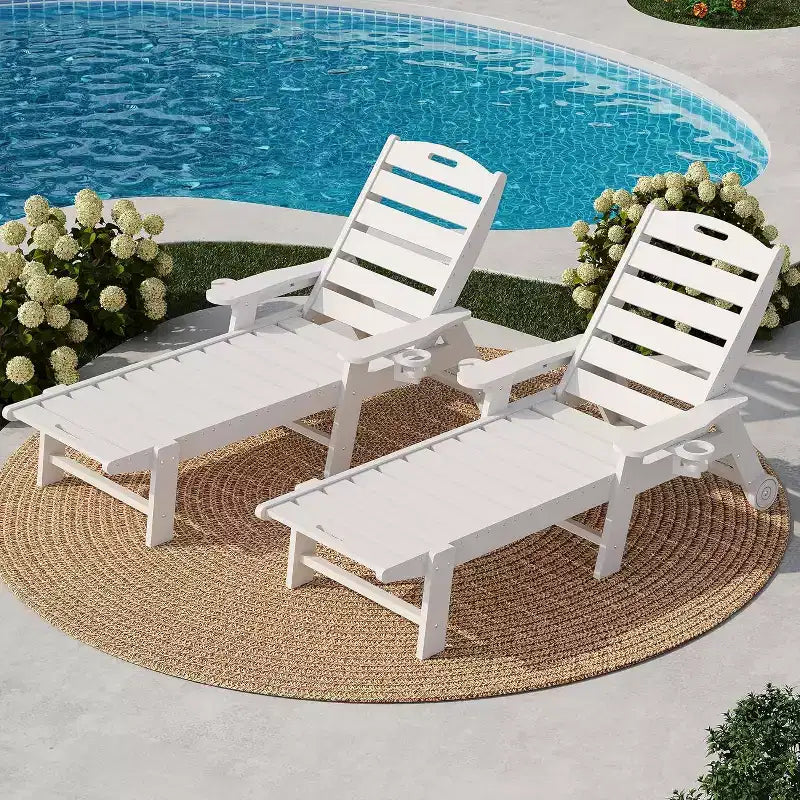 Chaise longue d'extérieur, Chaise longue d'extérieur avec roulettes, Dossier réglable sur 5 positions, Chaise longue en PEHD résistante aux intempéries avec porte-gobelet