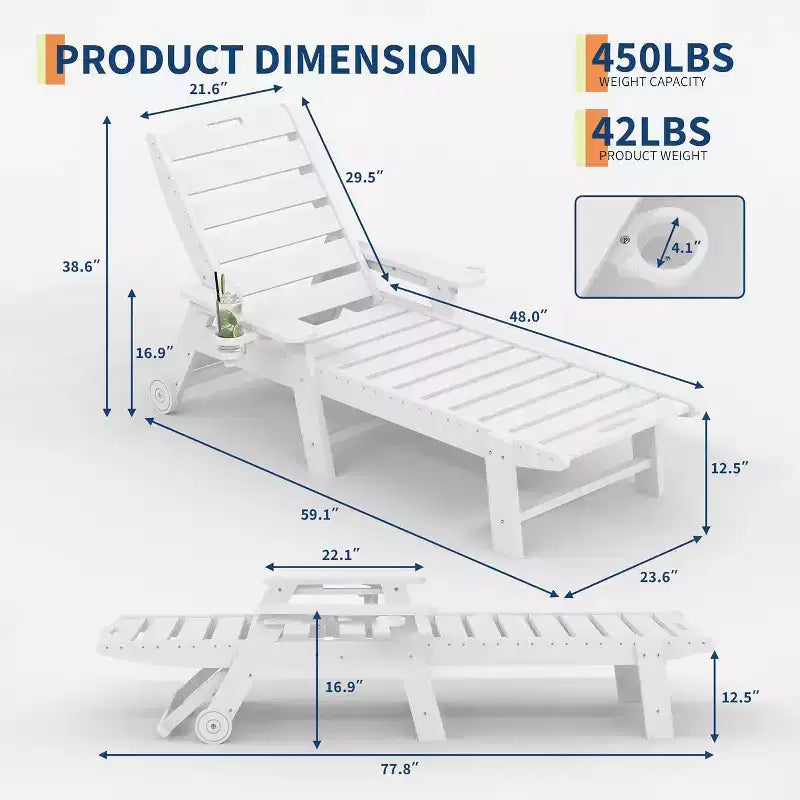 Chaise longue d'extérieur, Chaise longue d'extérieur avec roulettes, Dossier réglable sur 5 positions, Chaise longue en PEHD résistante aux intempéries avec porte-gobelet