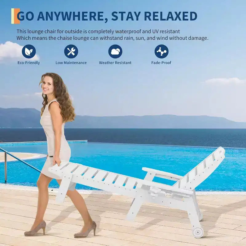Chaise longue d'extérieur, Chaise longue d'extérieur avec roulettes, Dossier réglable sur 5 positions, Chaise longue en PEHD résistante aux intempéries avec porte-gobelet