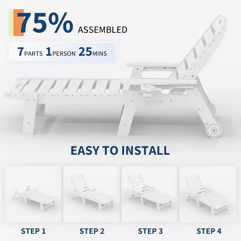 Chaise longue d'extérieur, Chaise longue d'extérieur avec roulettes, Dossier réglable sur 5 positions, Chaise longue en PEHD résistante aux intempéries avec porte-gobelet