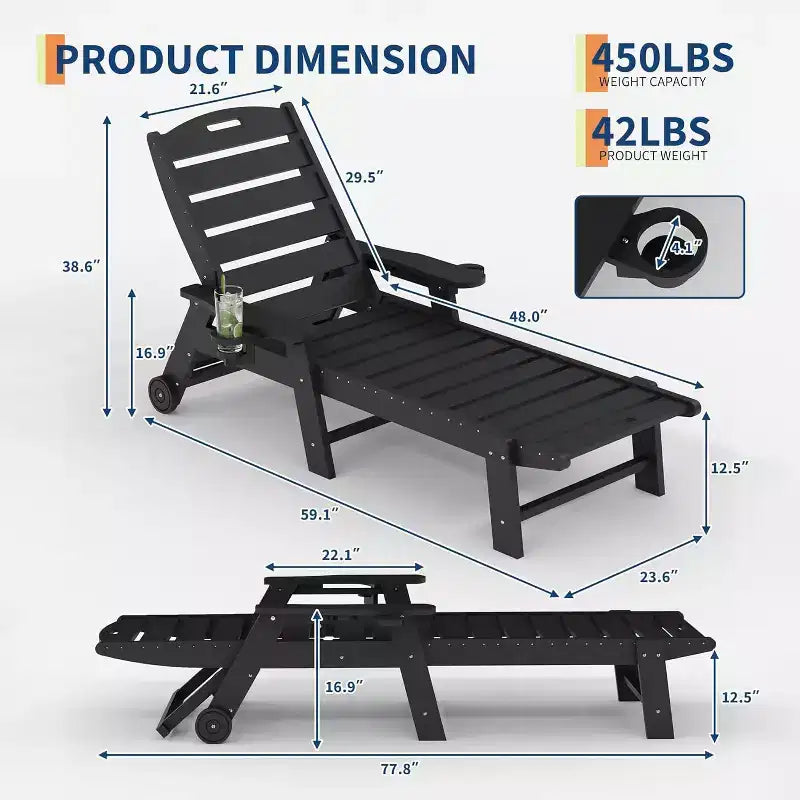 Chaise longue d'extérieur, Chaise longue d'extérieur avec roulettes, Dossier réglable sur 5 positions, Chaise longue en PEHD résistante aux intempéries avec porte-gobelet