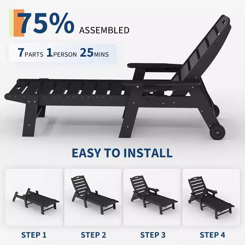 Chaise longue d'extérieur, Chaise longue d'extérieur avec roulettes, Dossier réglable sur 5 positions, Chaise longue en PEHD résistante aux intempéries avec porte-gobelet