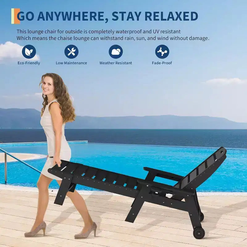 Chaise longue d'extérieur, Chaise longue d'extérieur avec roulettes, Dossier réglable sur 5 positions, Chaise longue en PEHD résistante aux intempéries avec porte-gobelet