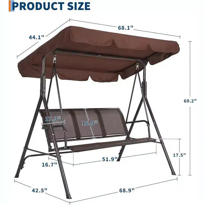 Balançoire de jardin à 3 places, cadre robuste supportant jusqu'à 227 kg, auvent réglable anti-UV, coussins respirants pour patio, jardin et porche.