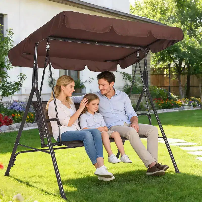 Balançoire de jardin à 3 places, cadre robuste supportant jusqu'à 227 kg, auvent réglable anti-UV, coussins respirants pour patio, jardin et porche.