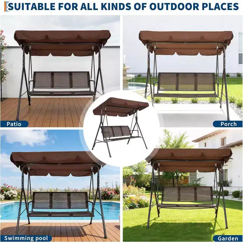 Balançoire de jardin à 3 places, cadre robuste supportant jusqu'à 227 kg, auvent réglable anti-UV, coussins respirants pour patio, jardin et porche.