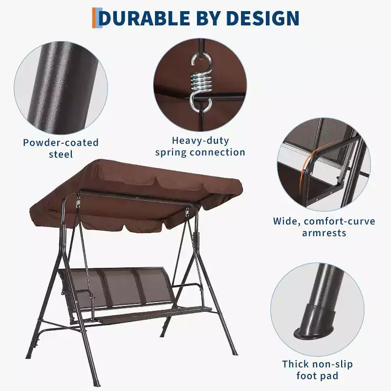 Balançoire de jardin à 3 places, cadre robuste supportant jusqu'à 227 kg, auvent réglable anti-UV, coussins respirants pour patio, jardin et porche.