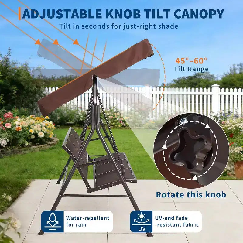 Balançoire de jardin à 3 places, cadre robuste supportant jusqu'à 227 kg, auvent réglable anti-UV, coussins respirants pour patio, jardin et porche.