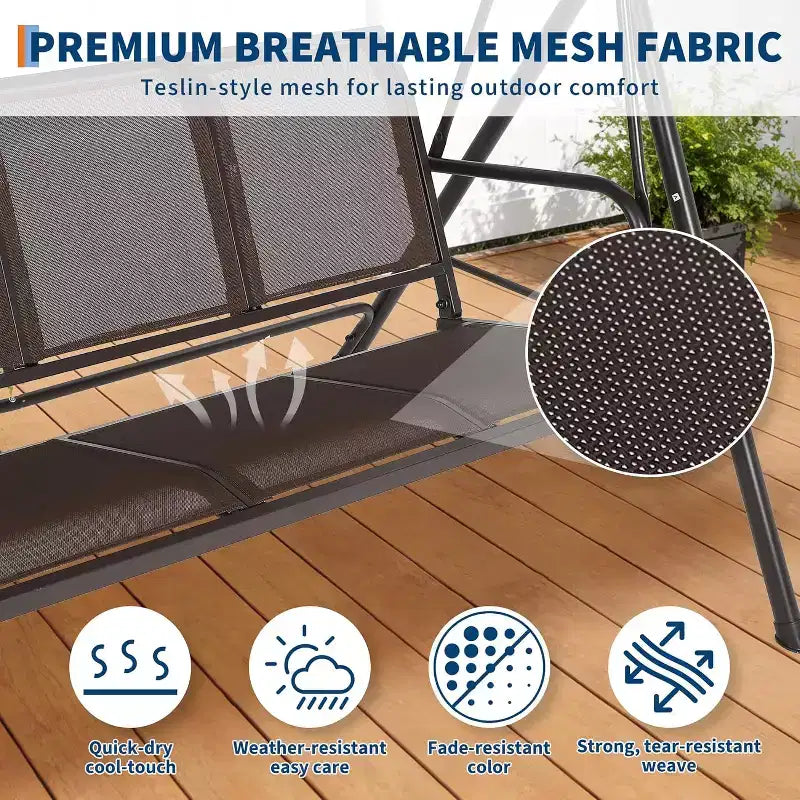 Balançoire de jardin à 3 places, cadre robuste supportant jusqu'à 227 kg, auvent réglable anti-UV, coussins respirants pour patio, jardin et porche.