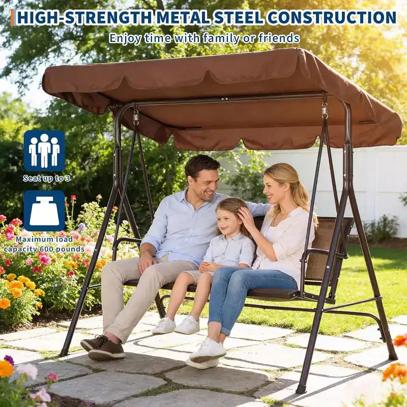 Balançoire de jardin à 3 places, cadre robuste supportant jusqu'à 227 kg, auvent réglable anti-UV, coussins respirants pour patio, jardin et porche.