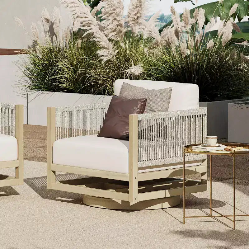ModernLuxe Patio Swivel Chair Outdoor Acacia Wood Club Chair, Teak Finish, Cream Cushion, Rope-Woven Chair for Garden/Patio
