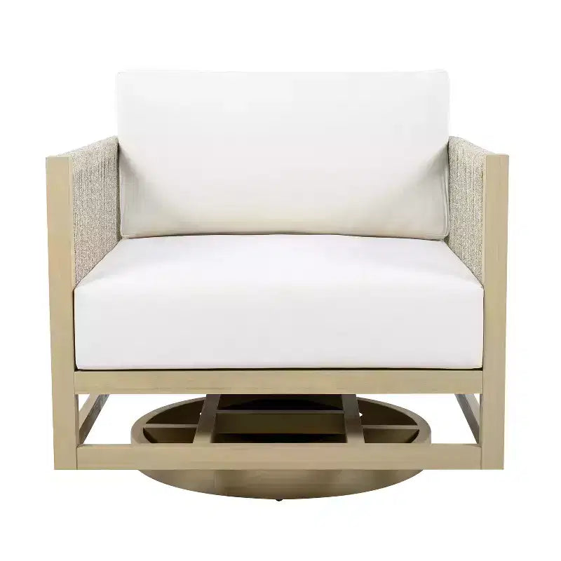 Chaise pivotante de patio ModernLuxe en bois d'acacia, finition teck, coussin crème, chaise tressée en corde pour jardin/patio