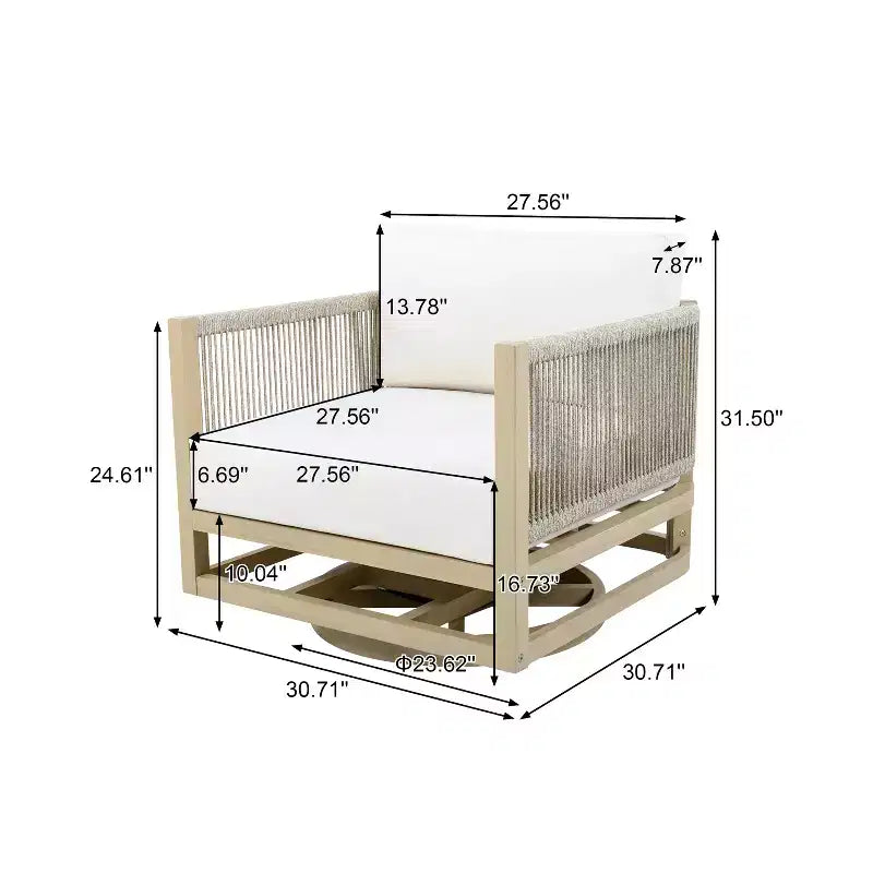 Chaise pivotante de patio ModernLuxe en bois d'acacia, finition teck, coussin crème, chaise tressée en corde pour jardin/patio