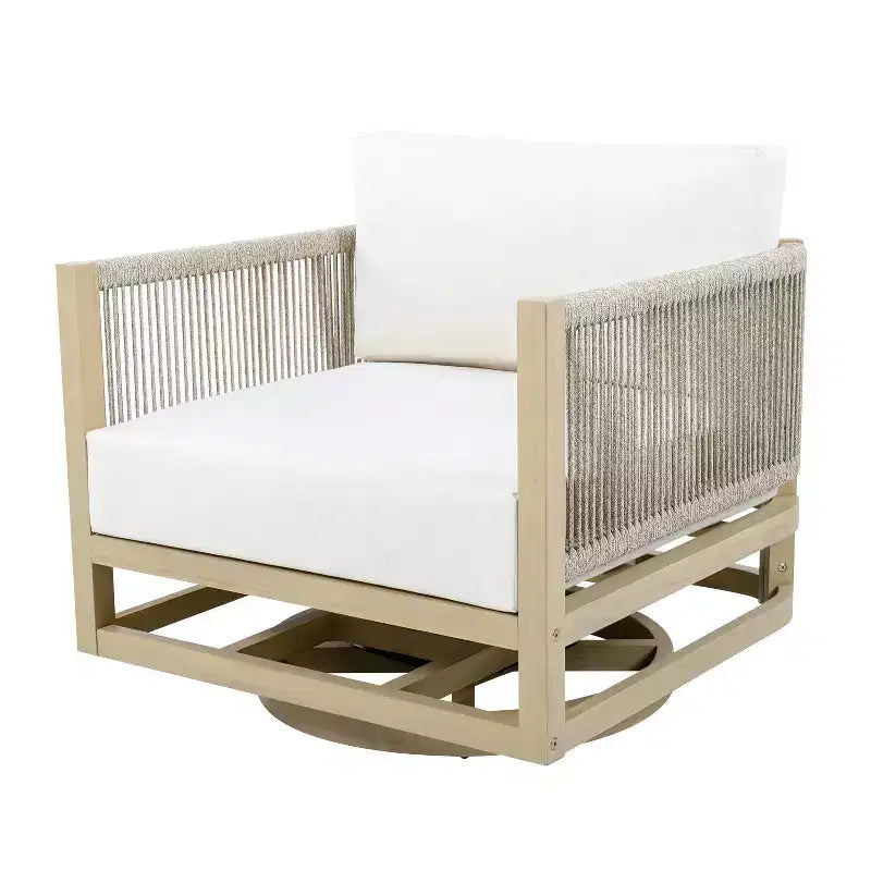 Chaise pivotante de patio ModernLuxe en bois d'acacia, finition teck, coussin crème, chaise tressée en corde pour jardin/patio