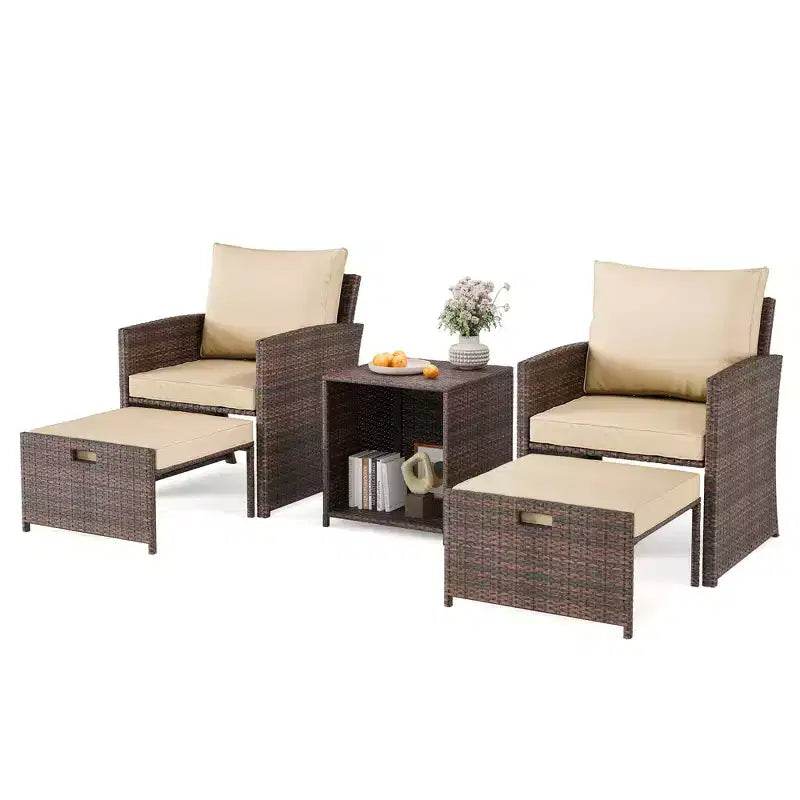 5-Piece Patio Chair Furniture Set, PE Wicker Lounge Chairs with Cushions, All-Weather Balcony Set with Ottoman & Coffee Table for Lawn Pool Backyard