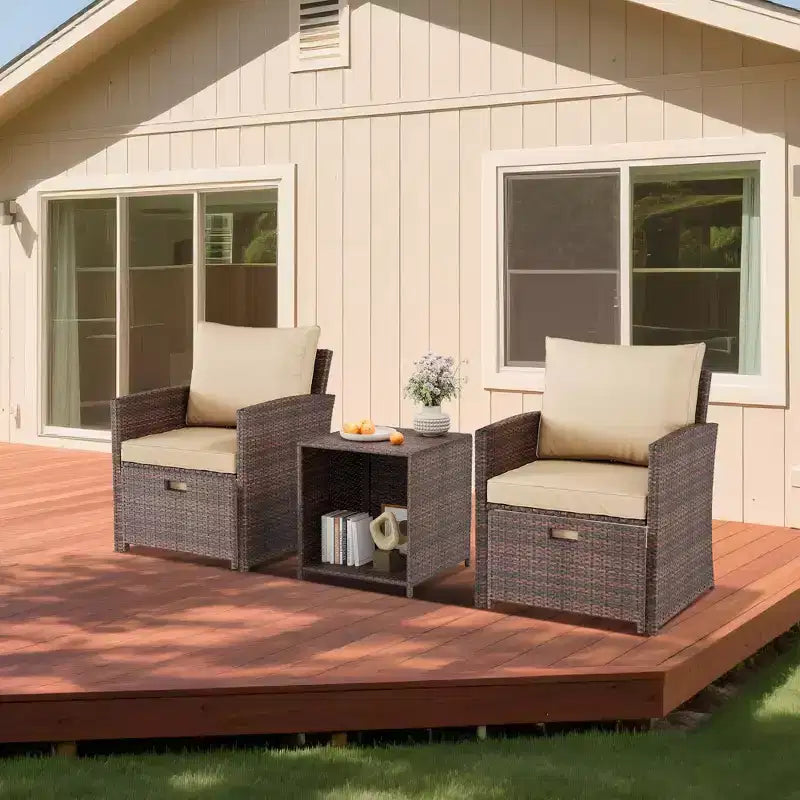 Ensemble de mobilier de patio 5 pièces, chaises longues en rotin synthétique avec coussins, ensemble de balcon toutes saisons avec pouf et table basse pour pelouse, piscine, jardin