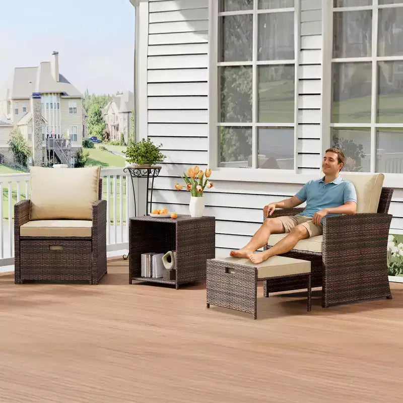 Ensemble de mobilier de patio 5 pièces, chaises longues en rotin synthétique avec coussins, ensemble de balcon toutes saisons avec pouf et table basse pour pelouse, piscine, jardin
