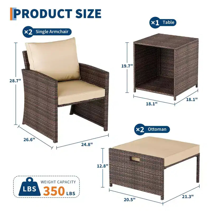 Ensemble de mobilier de patio 5 pièces, chaises longues en rotin synthétique avec coussins, ensemble de balcon toutes saisons avec pouf et table basse pour pelouse, piscine, jardin