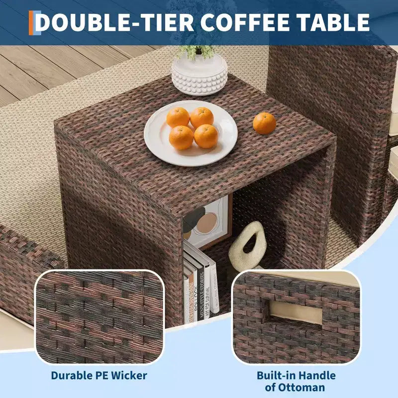 Ensemble de mobilier de patio 5 pièces, chaises longues en rotin synthétique avec coussins, ensemble de balcon toutes saisons avec pouf et table basse pour pelouse, piscine, jardin