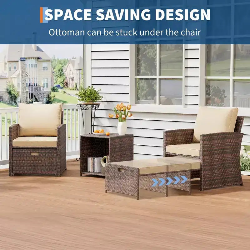 Ensemble de mobilier de patio 5 pièces, chaises longues en rotin synthétique avec coussins, ensemble de balcon toutes saisons avec pouf et table basse pour pelouse, piscine, jardin