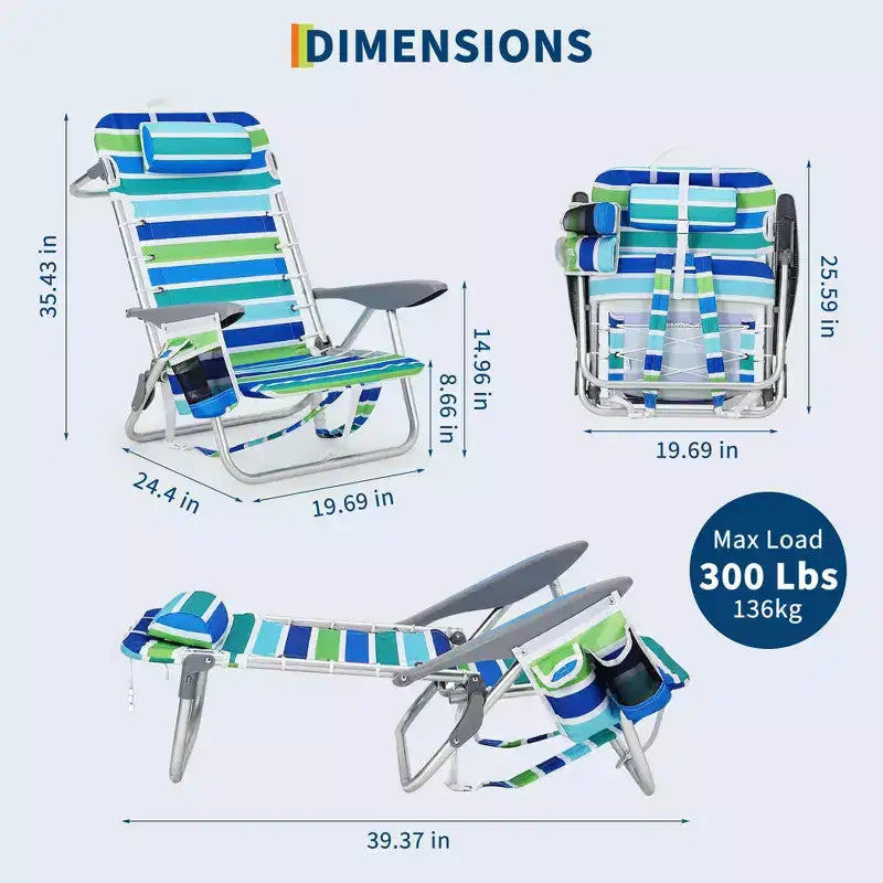 Lot de 2 chaises de plage légères à suspendre pour sac à dos, siège inclinable réglable sur 5 positions, porte-gobelet et pochette pour téléphone, mobilier de camping portable pour terrasse