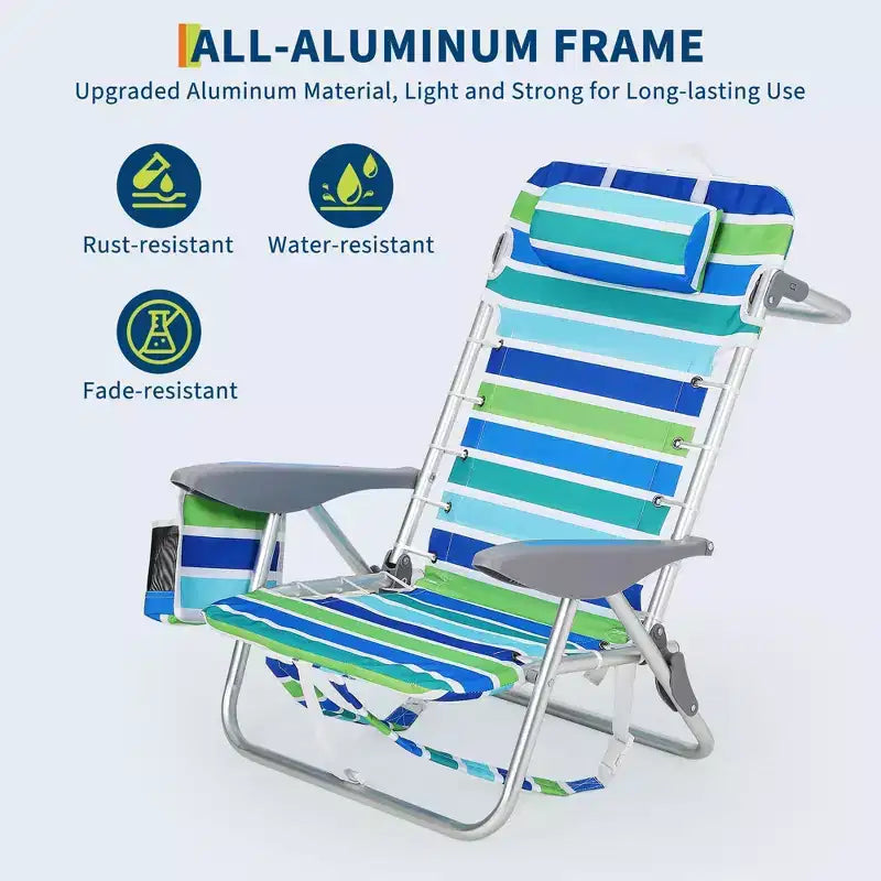 Lot de 2 chaises de plage légères à suspendre pour sac à dos, siège inclinable réglable sur 5 positions, porte-gobelet et pochette pour téléphone, mobilier de camping portable pour terrasse