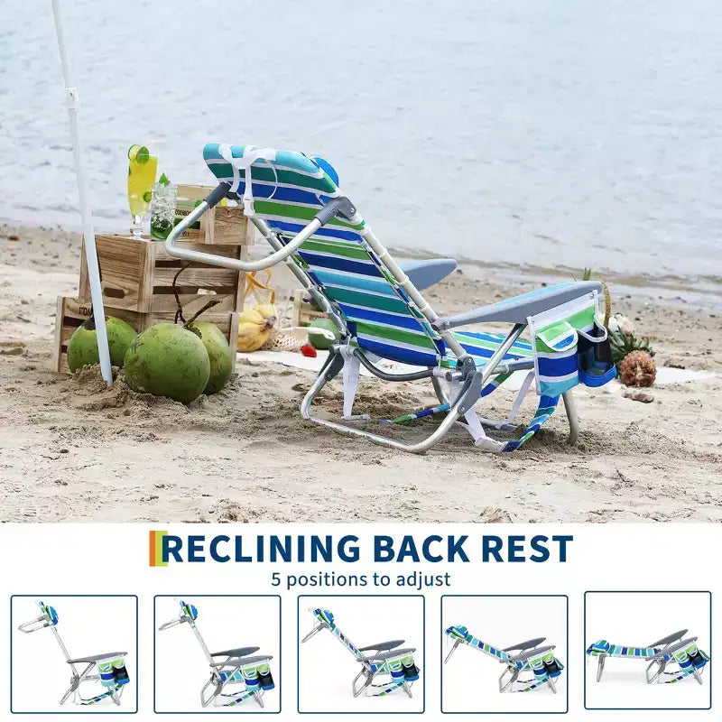 Lot de 2 chaises de plage légères à suspendre pour sac à dos, siège inclinable réglable sur 5 positions, porte-gobelet et pochette pour téléphone, mobilier de camping portable pour terrasse