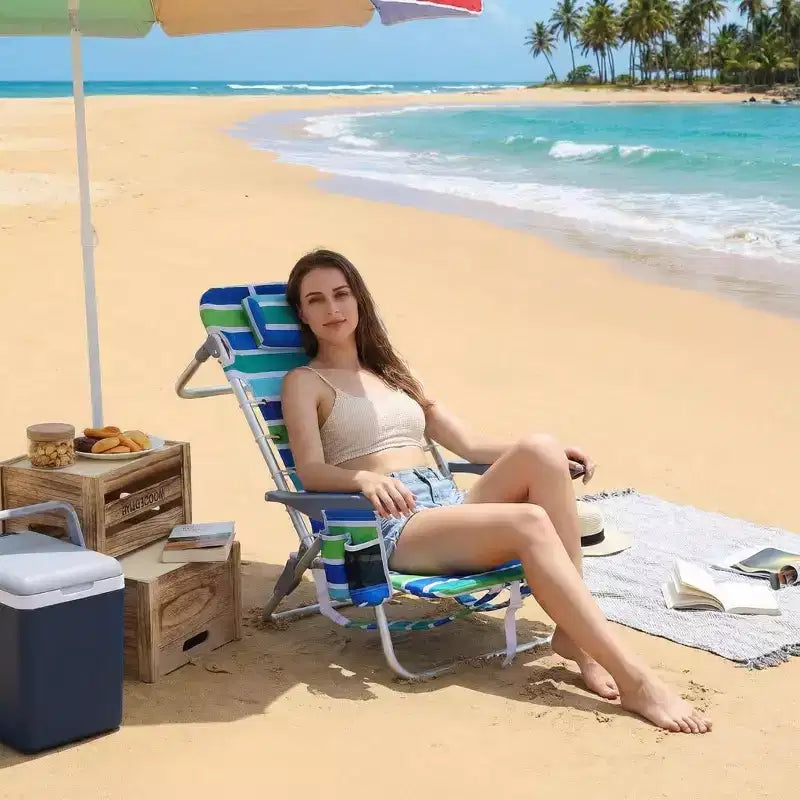 Lot de 2 chaises de plage légères à suspendre pour sac à dos, siège inclinable réglable sur 5 positions, porte-gobelet et pochette pour téléphone, mobilier de camping portable pour terrasse