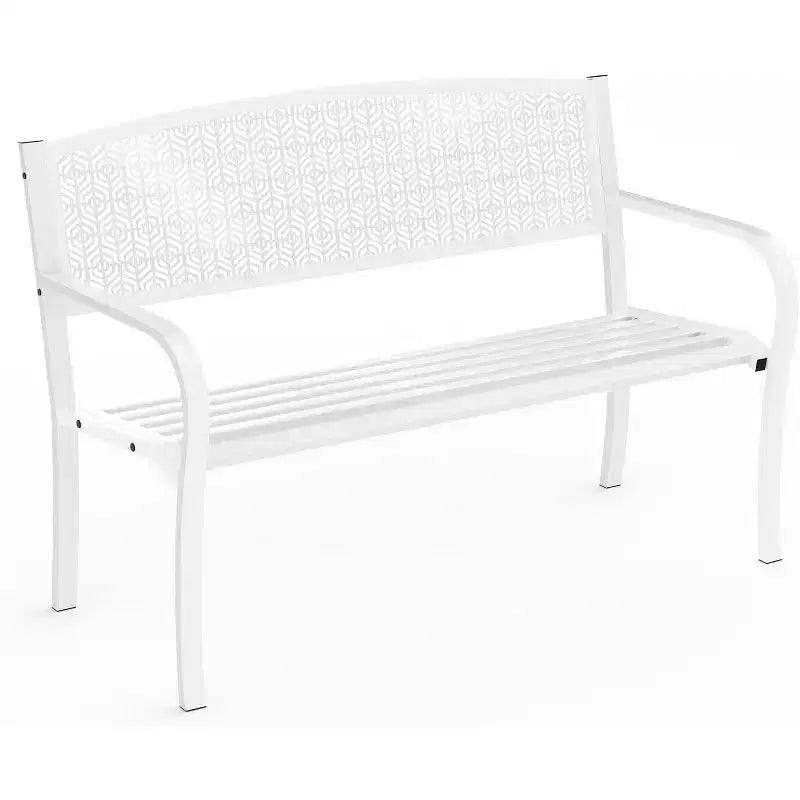 Banc de jardin en métal résistant aux intempéries de 50 po, siège de patio extérieur en acier avec dossier incurvé et motif décoratif pour porche, cour, parc et terrasse