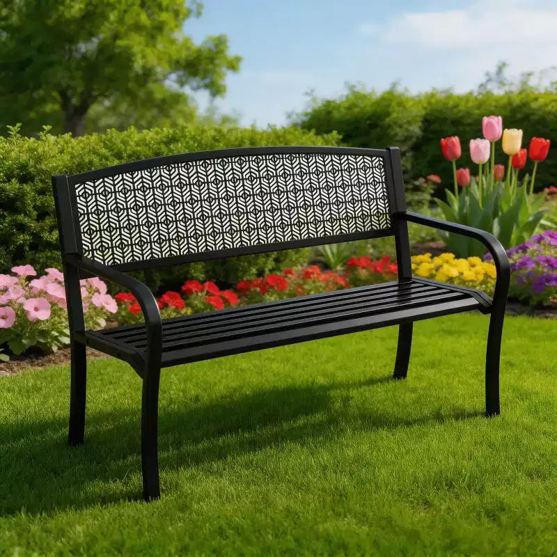 Banc de jardin en métal résistant aux intempéries de 50 po, siège de patio extérieur en acier avec dossier incurvé et motif décoratif pour porche, cour, parc et terrasse