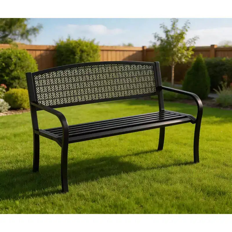 50 Weather-Resistant Metal Garden Bench, Outdoor Steel Patio Seating w/ Curved Backrest & Decorative Pattern for Porch, Yard, Park & Deck