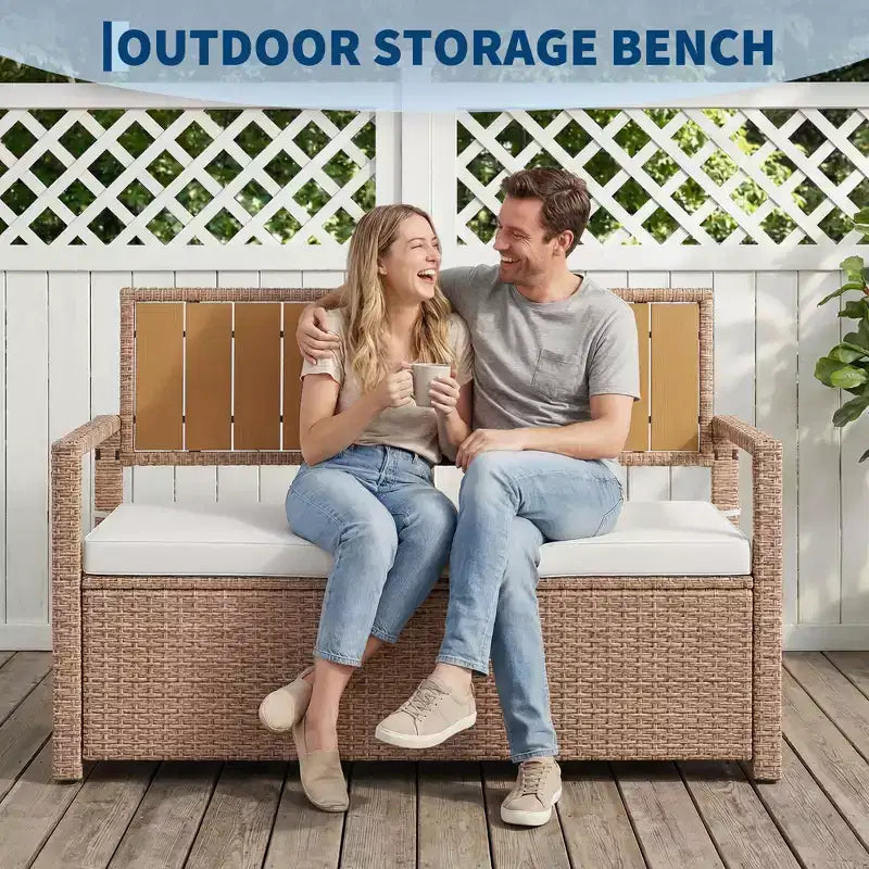 Banc de rangement extérieur 2 places avec coussin, coffre de rangement en rotin PE étanche avec dossier et accoudoirs, cadre métallique