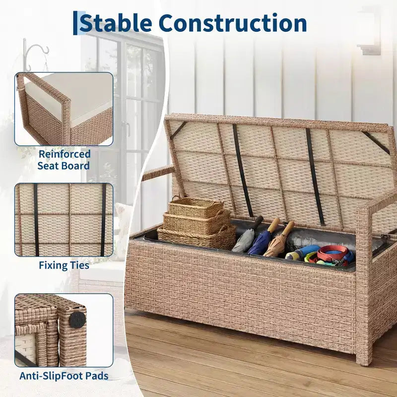 Banc de rangement extérieur 2 places avec coussin, coffre de rangement en rotin PE étanche avec dossier et accoudoirs, cadre métallique