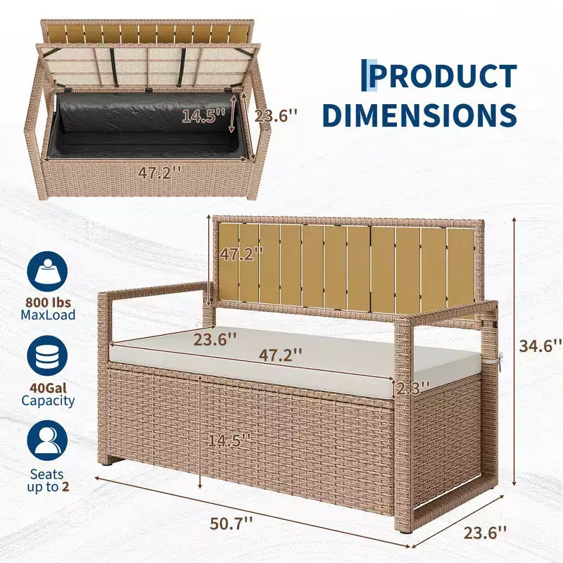 Banc de rangement extérieur 2 places avec coussin, coffre de rangement en rotin PE étanche avec dossier et accoudoirs, cadre métallique