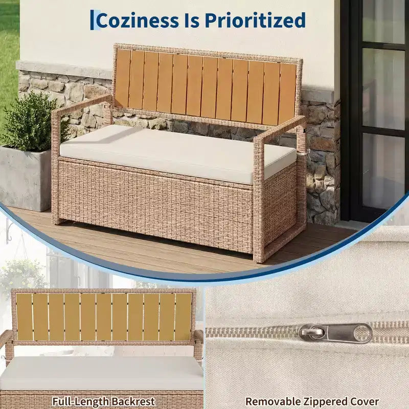 Banc de rangement extérieur 2 places avec coussin, coffre de rangement en rotin PE étanche avec dossier et accoudoirs, cadre métallique