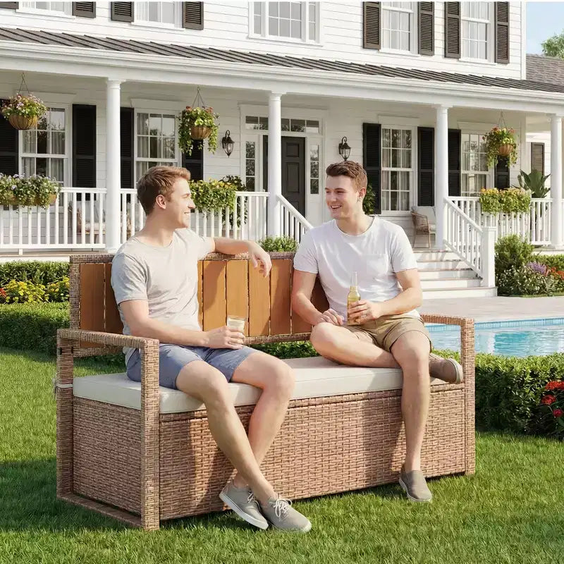 Banc de rangement extérieur 2 places avec coussin, coffre de rangement en rotin PE étanche avec dossier et accoudoirs, cadre métallique