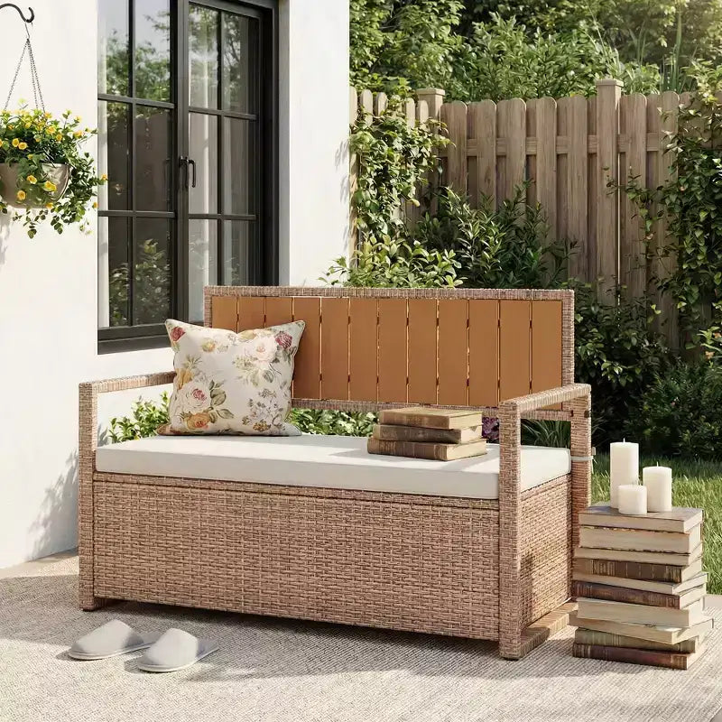 Banc de rangement extérieur 2 places avec coussin, coffre de rangement en rotin PE étanche avec dossier et accoudoirs, cadre métallique