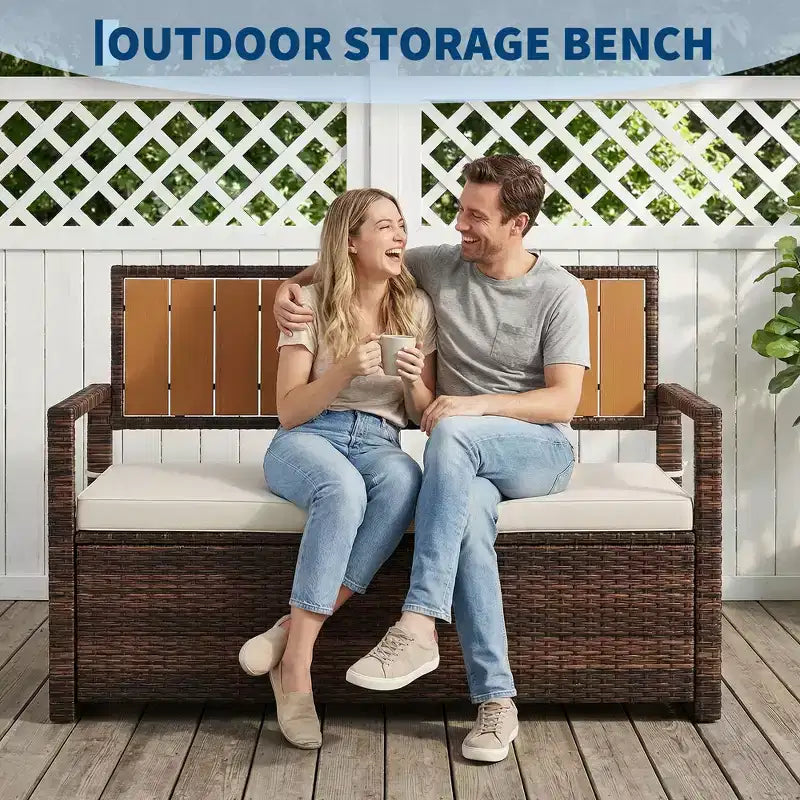 Banc de rangement extérieur 2 places avec coussin, coffre de rangement en rotin PE étanche avec dossier et accoudoirs, cadre métallique