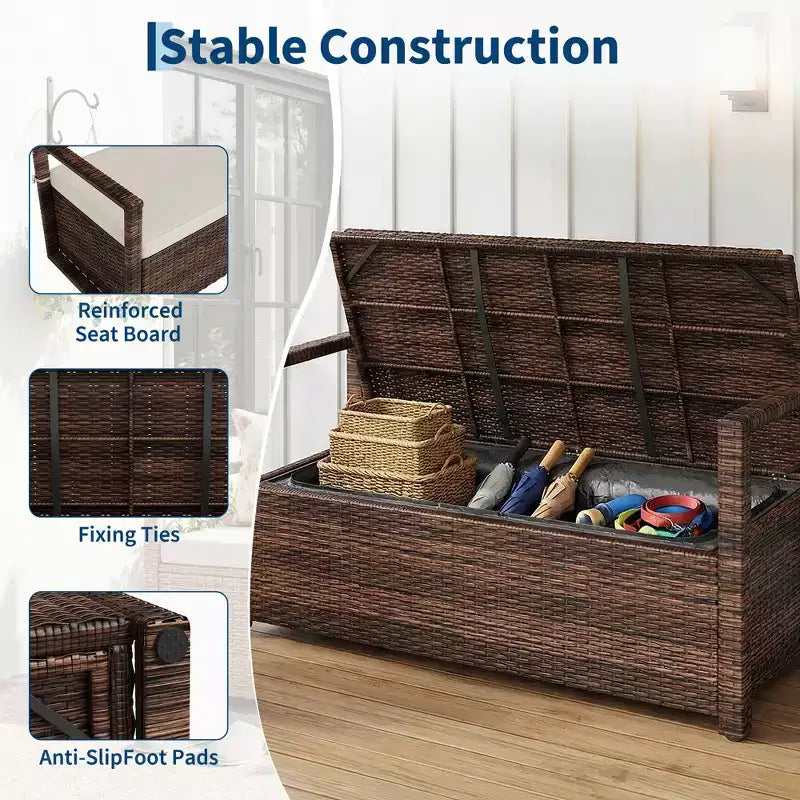 Banc de rangement extérieur 2 places avec coussin, coffre de rangement en rotin PE étanche avec dossier et accoudoirs, cadre métallique