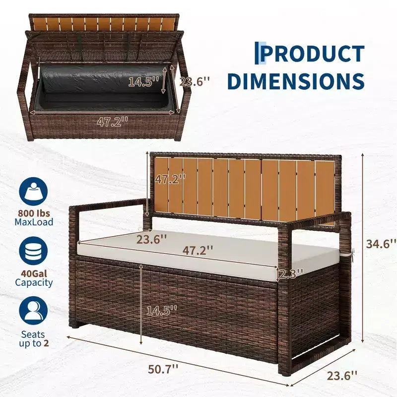 Banc de rangement extérieur 2 places avec coussin, coffre de rangement en rotin PE étanche avec dossier et accoudoirs, cadre métallique