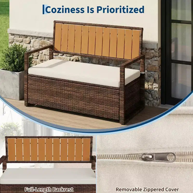 Banc de rangement extérieur 2 places avec coussin, coffre de rangement en rotin PE étanche avec dossier et accoudoirs, cadre métallique