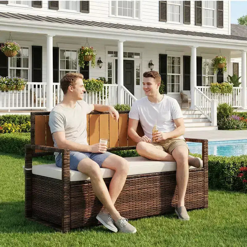 Banc de rangement extérieur 2 places avec coussin, coffre de rangement en rotin PE étanche avec dossier et accoudoirs, cadre métallique