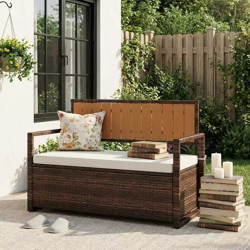 Banc de rangement extérieur 2 places avec coussin, coffre de rangement en rotin PE étanche avec dossier et accoudoirs, cadre métallique