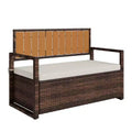 2-Person Outdoor Storage Bench with Cushion, Waterproof PE Rattan Deck Box with Backrest & Armrests, Metal Frame